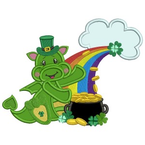 Lucky Dragon With A Rainbow And a Pot Of Gold St. Patrick's Day Applique Machine Embroidery Design Digitized Pattern